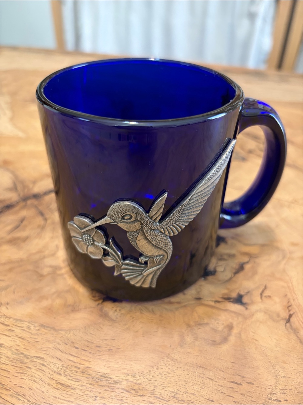 Cobalt Blue Glass Mug with Hummingbird Accent